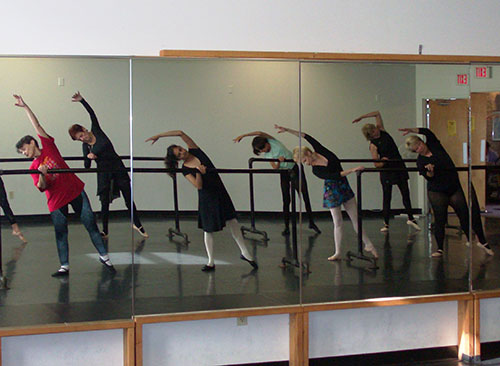 Natalie, far left in the red shirt, during a 50+ Ballet class at Danceworks